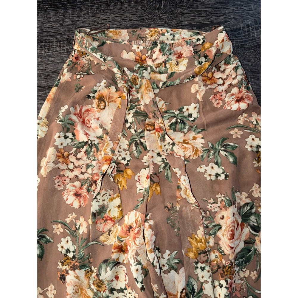 Windsor Floral Wide Leg Pants Mauve Brown High Waisted Boho Chiffon Small - Picture 5 of 9